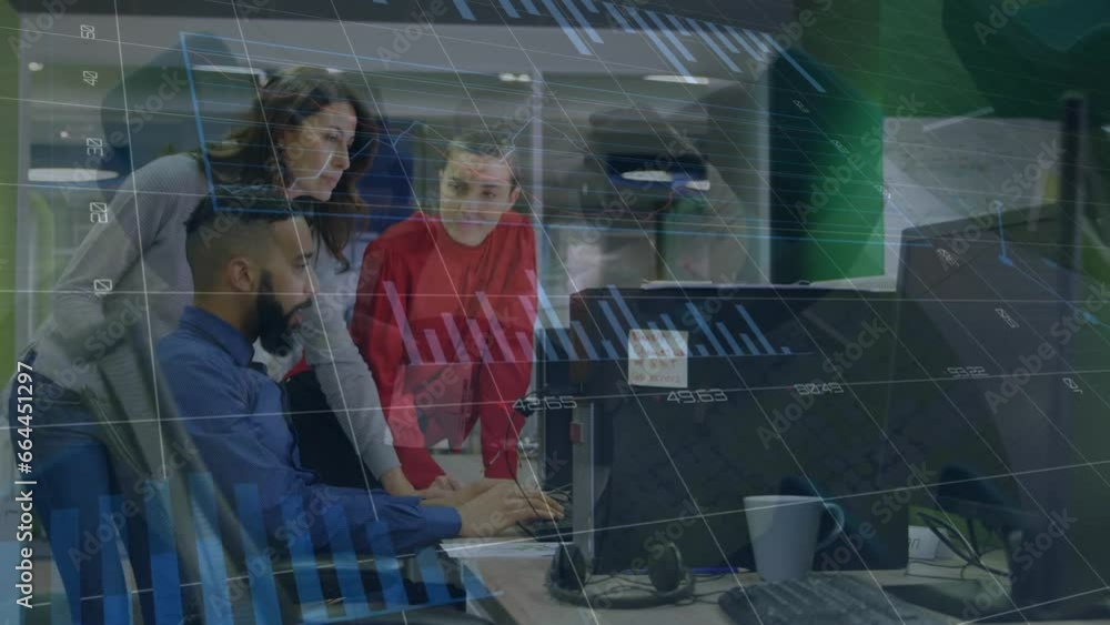 Poster animation of statistical data processing against group of diverse colleagues discussing at office