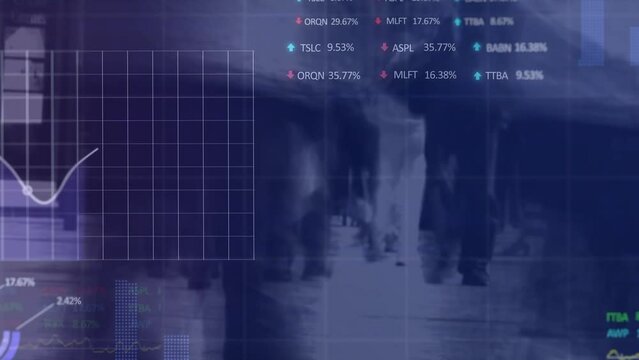 Animation of statistical, stock market data processing on time-lapse of people walking on the street