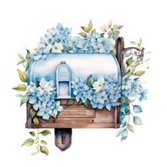 Watercolor light blue floral mailbox on a white background.