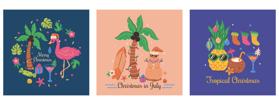 Set of Christmas tropical cards with flamingo, pineapple, palm tree. Vector graphics. - Powered by Adobe