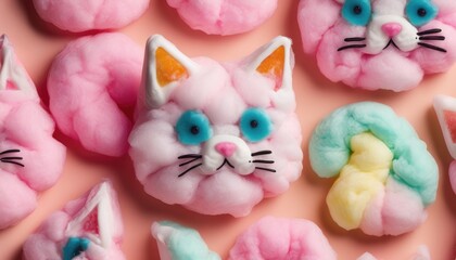 Colorful cotton candy in the shape of cute cat. Top view, sweet background, backdrop - obrazy, fototapety, plakaty