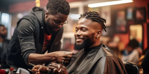 Gordijnen A Cut Above: Black Customers and Barbers at a Local Shop © Bartek