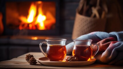 Two mugs of tea with woolen things near a cozy fireplace, in a country house, winter time