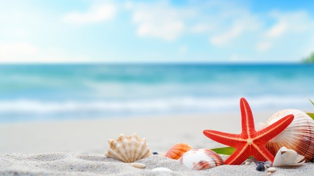 Red starfish, seashells and cockleshells on the white sand with blurred beach ocean or sea background