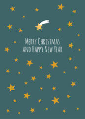 Christmas greeting card with a sky full of golden stars, green background and the text Merry Christmas and Happy New Year