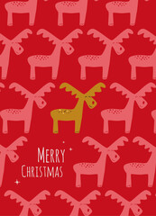 Christmas greeting card with red reindeers, red background and the text Merry Christmas