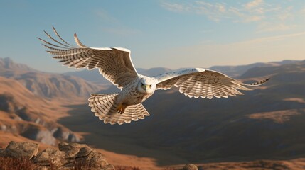 White gyrfalcon soaring over a shadowy landscape