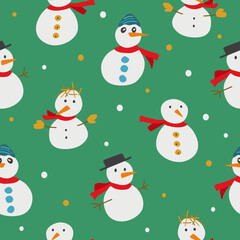 Christmas and winter themed seamless pattern, with snowmen on green background