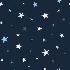 Christmas and winter themed seamless pattern, with white and blue stars on dark blue background