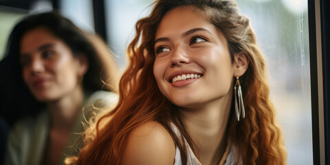 Obraz premium Intimate Moment: Female Friends Lost in Thought on Train