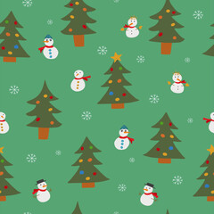 Christmas and winter themed seamless pattern, with snowmen, decorated trees and snowflakes on green background