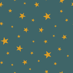 Christmas and winter themed seamless pattern, with golden stars on dark green background