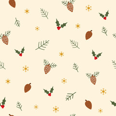 Christmas and winter themed seamless pattern, with pinapples, hollies and golden snowflakes on light yellow background