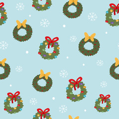 Christmas and winter themed seamless pattern, with Christmas wreaths and white snowflakes on light blue background