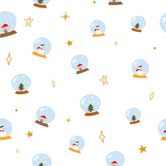 Christmas and winter themed seamless pattern, with snowballs and graphic elements on white background