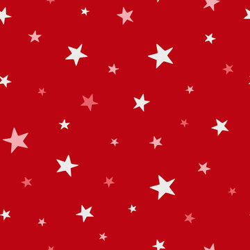 Christmas and winter themed seamless pattern, with white and pink stars on red background