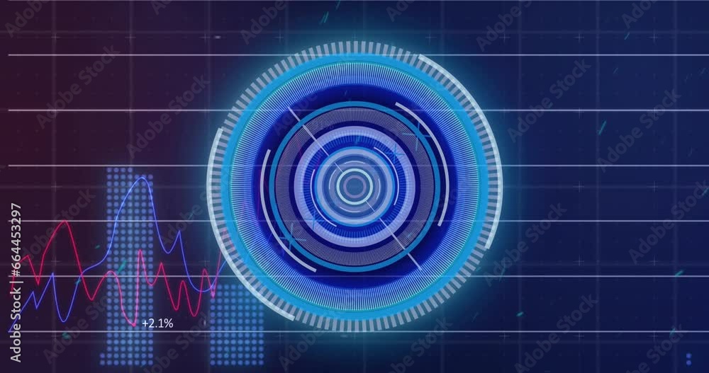 Poster animation of neon round scanner spinning over statistical data processing on purple background