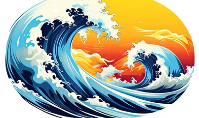 Fototapeta na wymiar Ocean wave sun clouds, blue yellow abstract ocean wave.