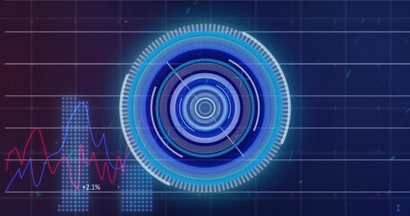 Animation of neon round scanner spinning over statistical data processing on purple background - Powered by Adobe