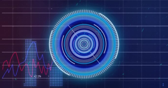 Animation of neon round scanner spinning over statistical data processing on purple background - Powered by Adobe
