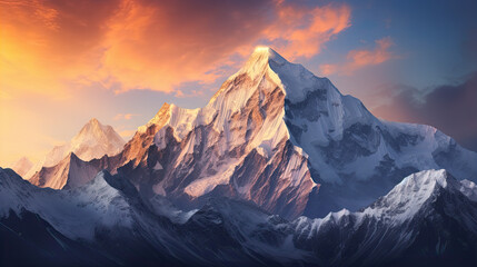Mountain peak of the tibetan snow-capped mountains, a beautiful panorama of the mountains at sunset of the day - obrazy, fototapety, plakaty
