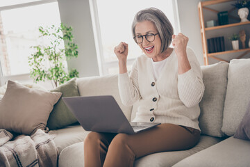 Photo of lucky impressed elderly lady wear white cardigan winning egame modern gadget indoors apartment room