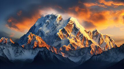 Fototapeta premium Mountain peak of the tibetan snow-capped mountains, a beautiful panorama of the mountains at sunset of the day