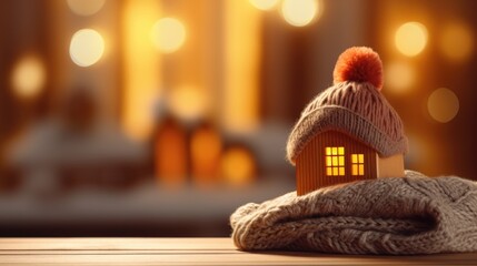 Figure of house and warm clothes on table against blurred bokeh lights. Home heating, money and energy saving concept