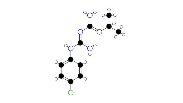 proguanil molecule, structural chemical formula, ball-and-stick model, isolated image chlorguanide