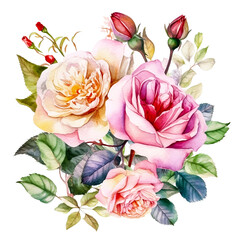 Elegant watercolor roses bouquet illustration on white background. Generative ai