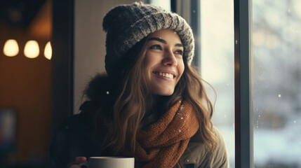 Close up portrait of a beautiful woman drinkink coffee in front of window in winter time