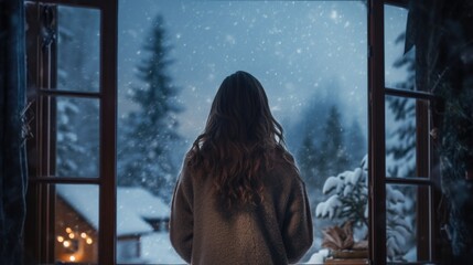 Woman looking from a window at snowing forest landscape in winter time