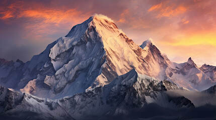 Mountain peak of the tibetan snow-capped mountains, a beautiful panorama of the mountains at sunset of the day - obrazy, fototapety, plakaty