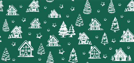 Christmas house and tree drawn illustrations	
