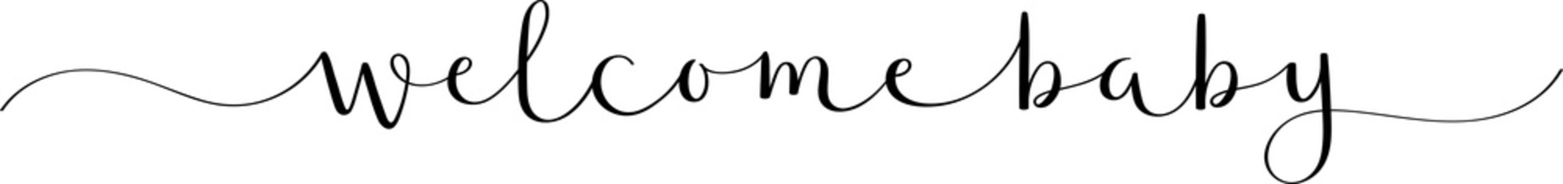 WELCOME BABY black brush calligraphy banner with swashes on transparent background