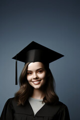 Girl wearing a graduation cap and gown on a blue background