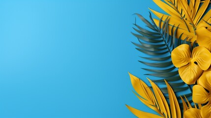 Fototapeta na wymiar Tropical foliage in a creative composition against a background of yellow and blue. tropical summer theme with minimal design and copy space. Border configuration.
