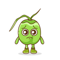 Cute sad green coconut fruit character, green coconut character with sad emotion, face, depressive eyes