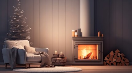 Burning fireplace with Christmas tree in living room interior, winter holidays background illustration. New Year at home.