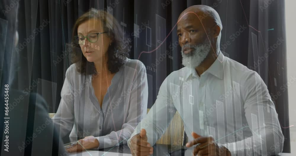 Poster animation of statistical data processing against diverse businesspeople discussing at office