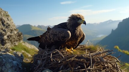 A nest on a cliff with a golden eagle and its young eaglet.