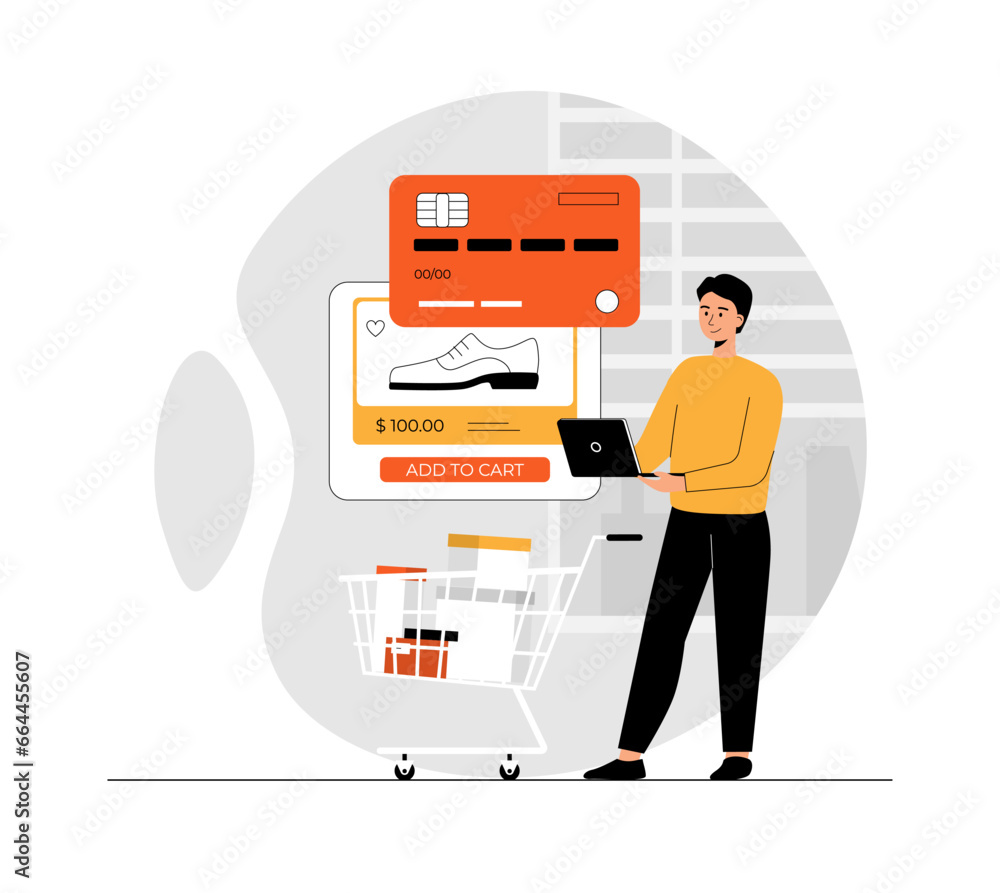 Poster shopping online. man ordering goods at website and paying online using laptop. illustration with peo