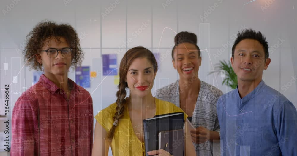 Poster animation of statistical data processing against portrait of diverse colleagues smiling at office