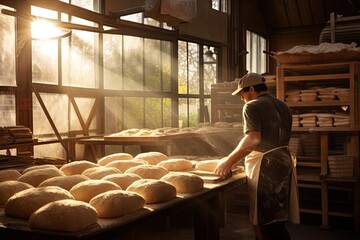 Obraz na płótnie Canvas An experienced baker in a bakery mixes fresh dough to prepare delicious breads and pastries.