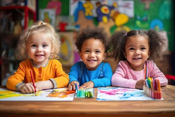 A diverse group of adorable kindergarten children in the classroom come together for creative activities and games. - obrazy, fototapety, plakaty