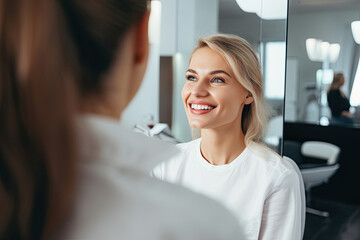 Obraz premium Happy and attractive young Caucasian woman in a beauty salon enjoying a fresh, natural look after beauty treatments.