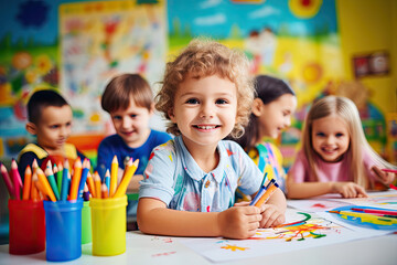 A group of adorable and creative preschool children are doing arts and crafts in a colorful classroom. - obrazy, fototapety, plakaty