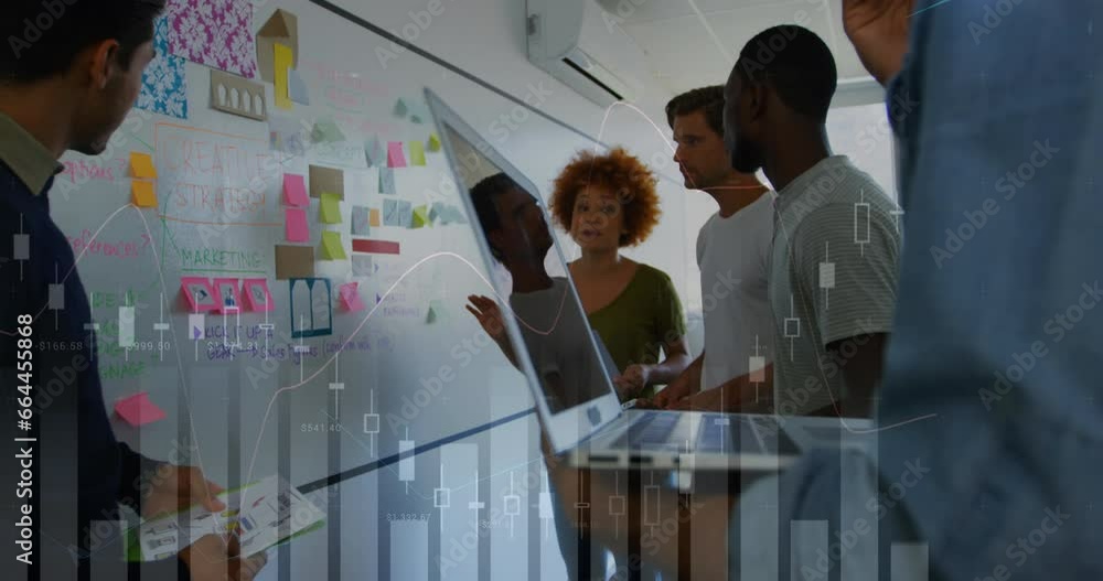 Poster animation of data processing over diverse team of colleagues discussing over memo notes at office