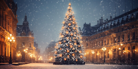 Fototapeta na wymiar Christmas tree on a snowy night in the city