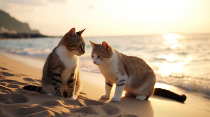 Two cats on the beach, sunny sunset weather